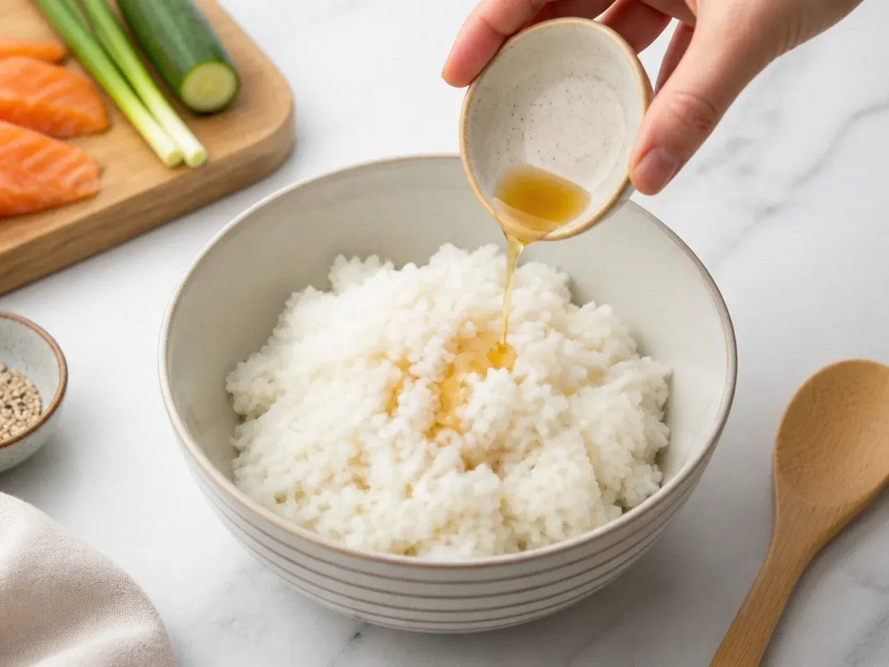 salmon sushi bowl sauce — step 2: season the rice