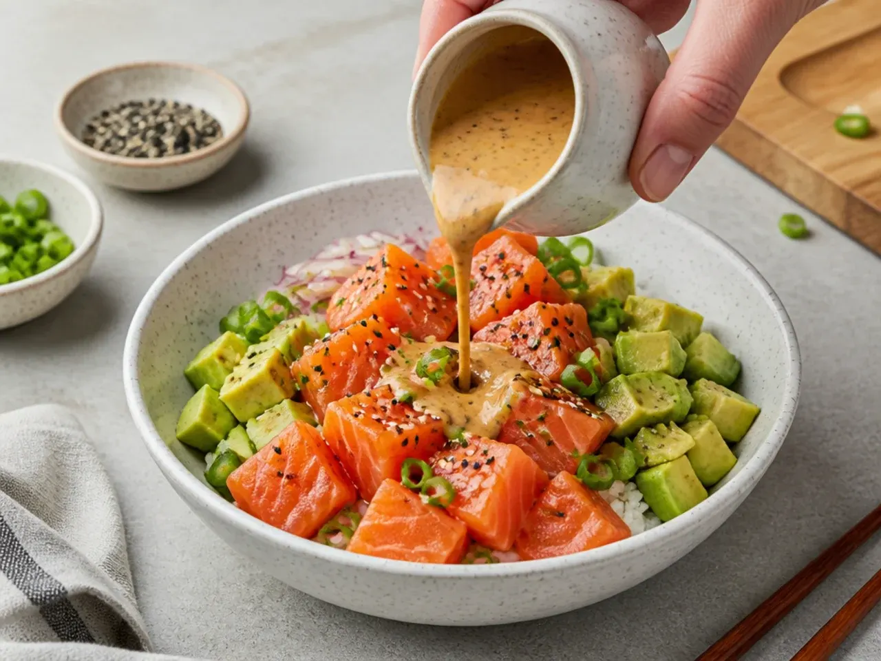 salmon sushi bowl sauce — step 7: assemble and drizzle