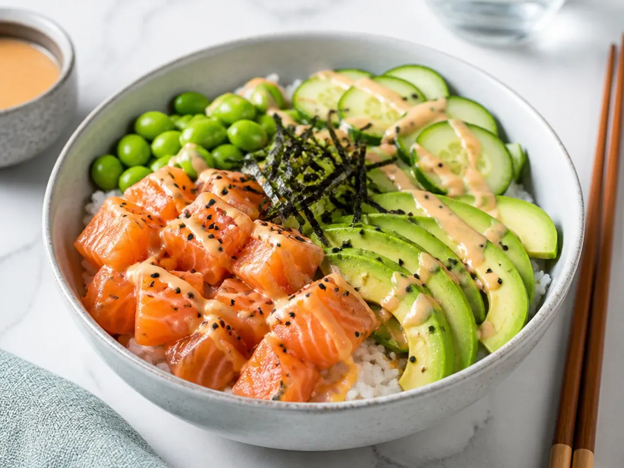 Salmon sushi bowl with spicy mayo sauce drizzled over rice and avocado