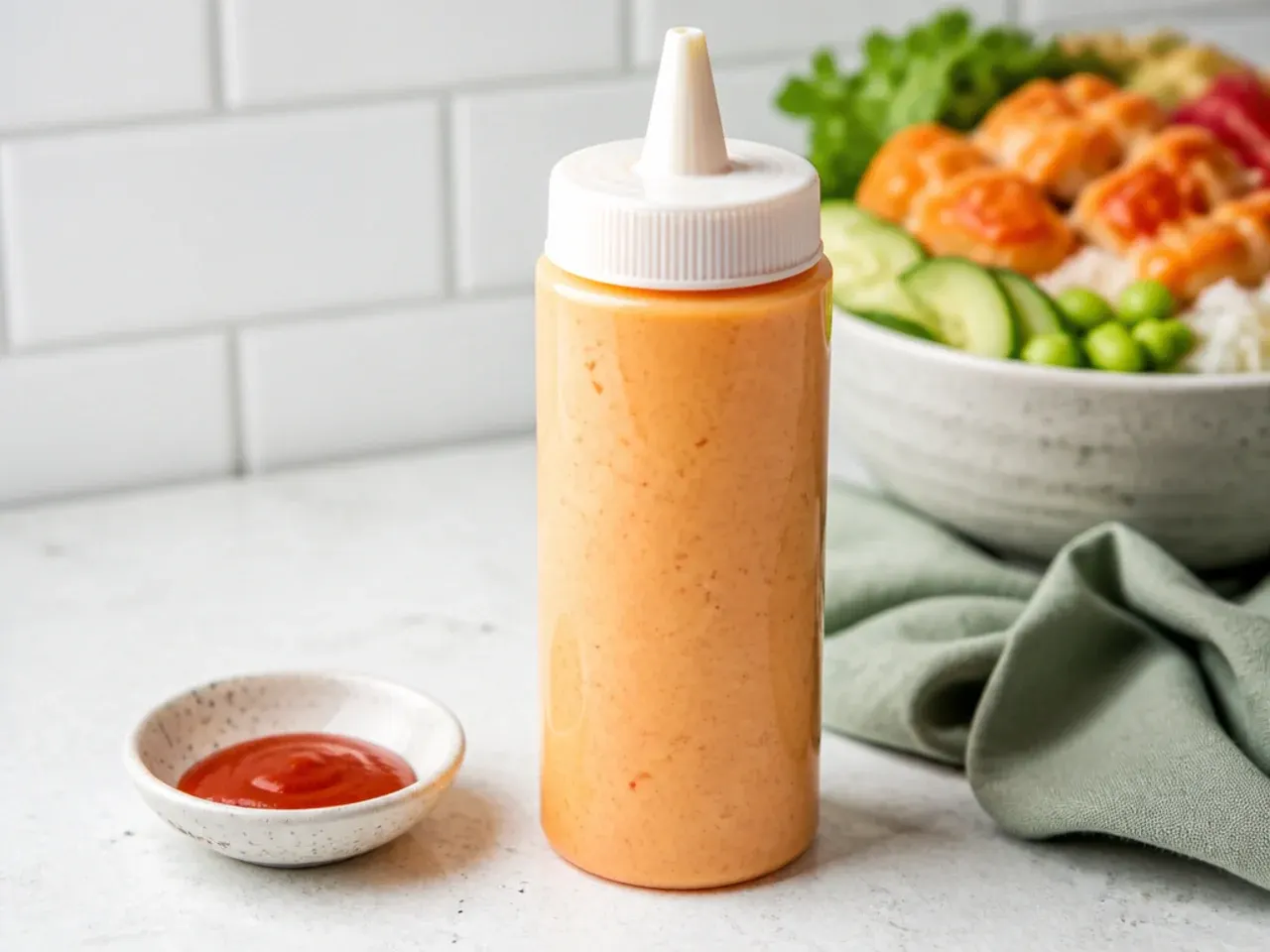 Creamy sriracha spicy mayo salmon sushi bowl sauce in a squeeze bottle