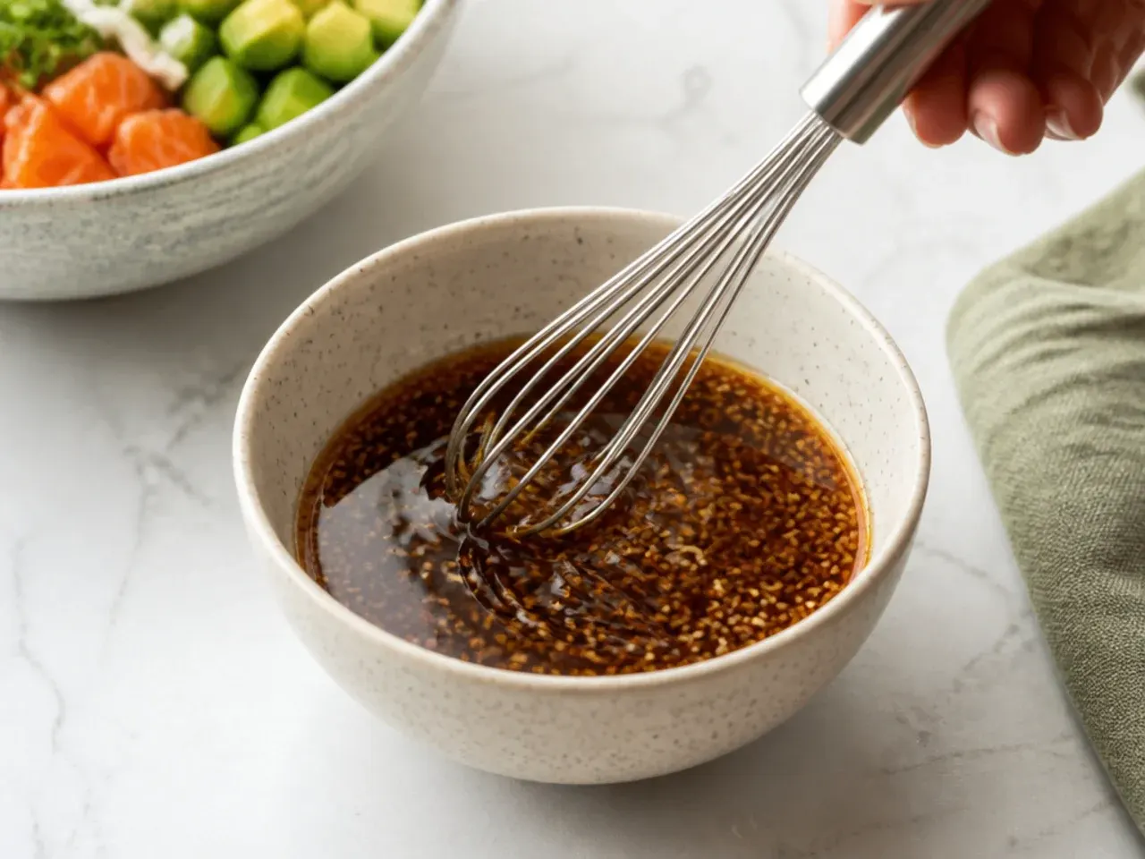 Two-minute soy ginger dressing being whisked for a salmon sushi bowl