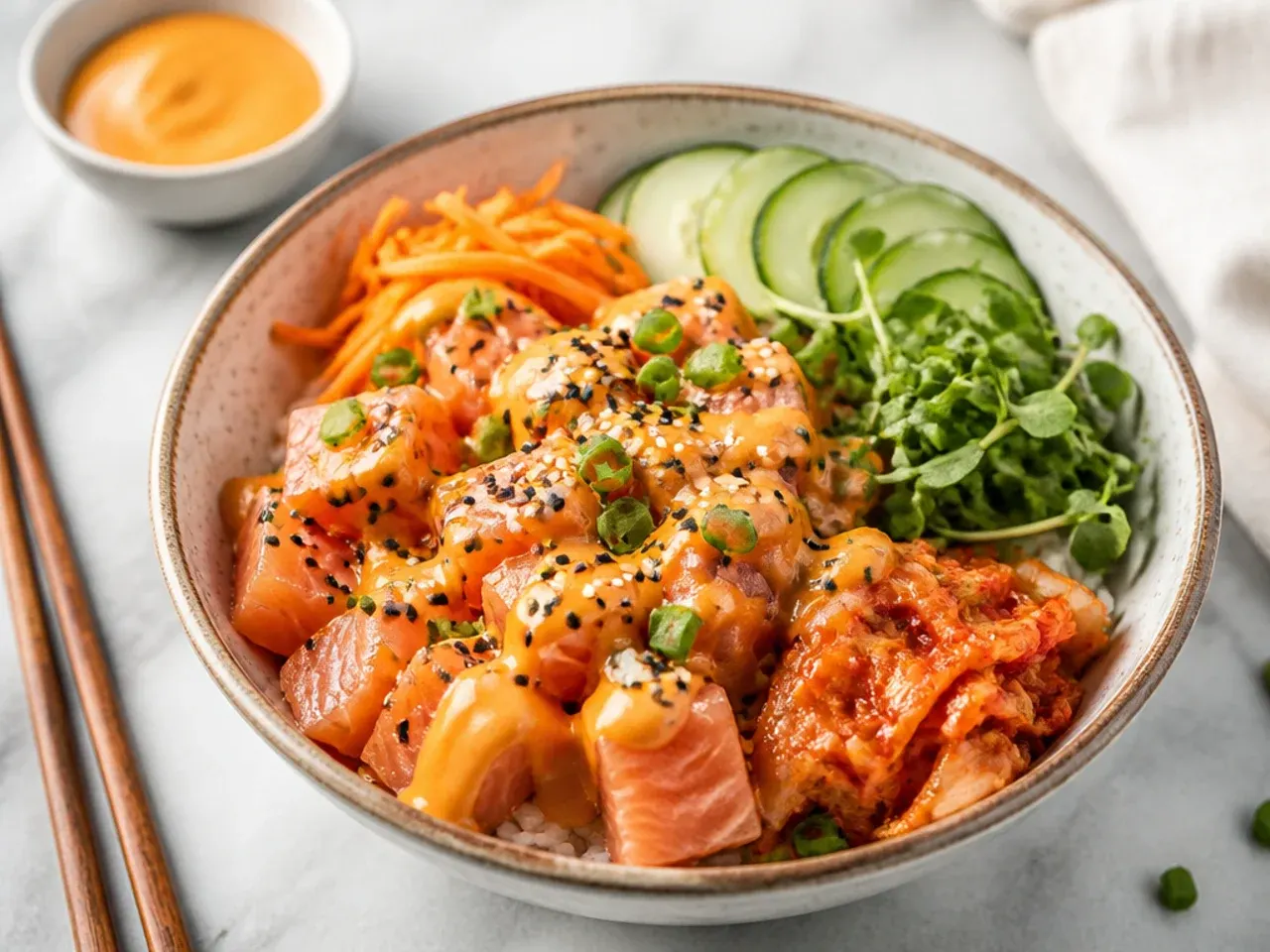 Gochujang Korean aioli sauce spooned over salmon sushi bowl with kimchi