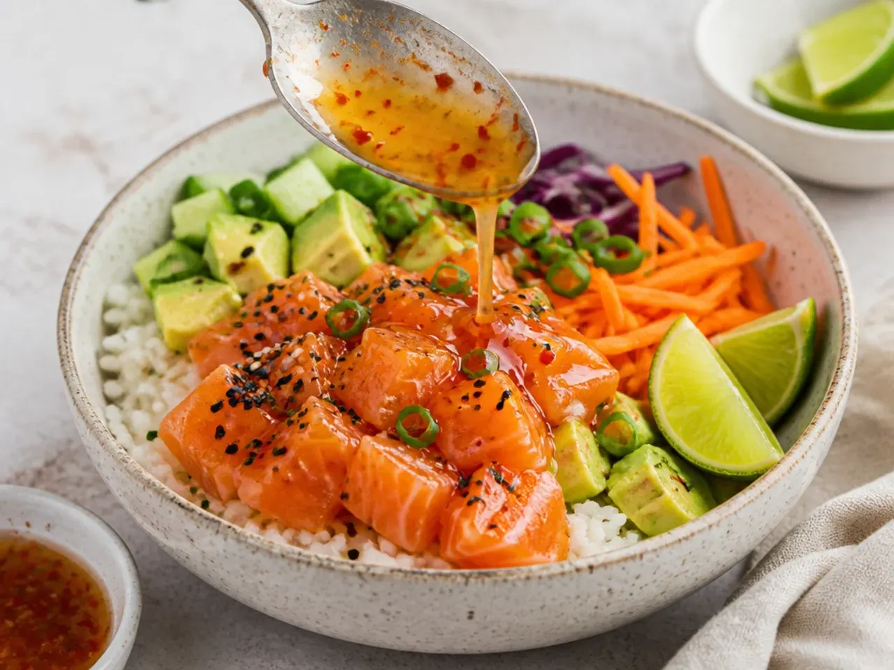 Sweet chili lime drizzle sauce over a colorful salmon sushi bowl