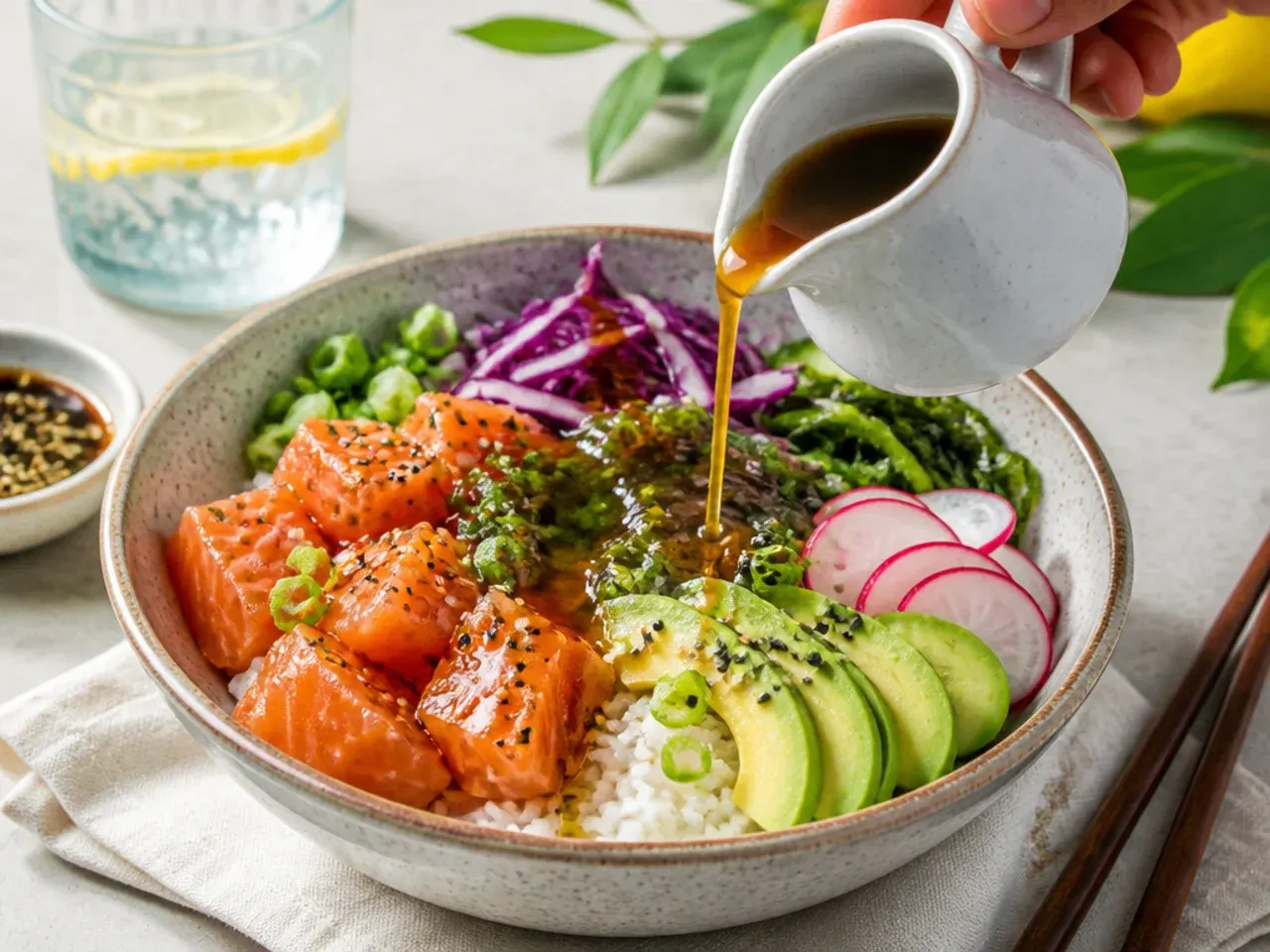 Yuzu ponzu citrus sauce poured over a modern salmon sushi bowl