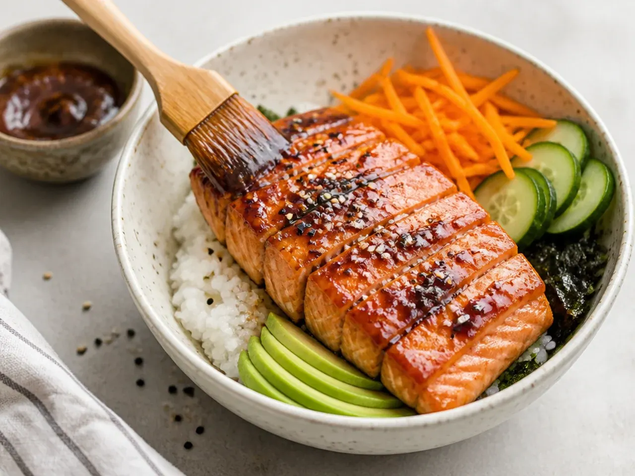 Miso honey glaze brushed over broiled salmon in a sushi bowl