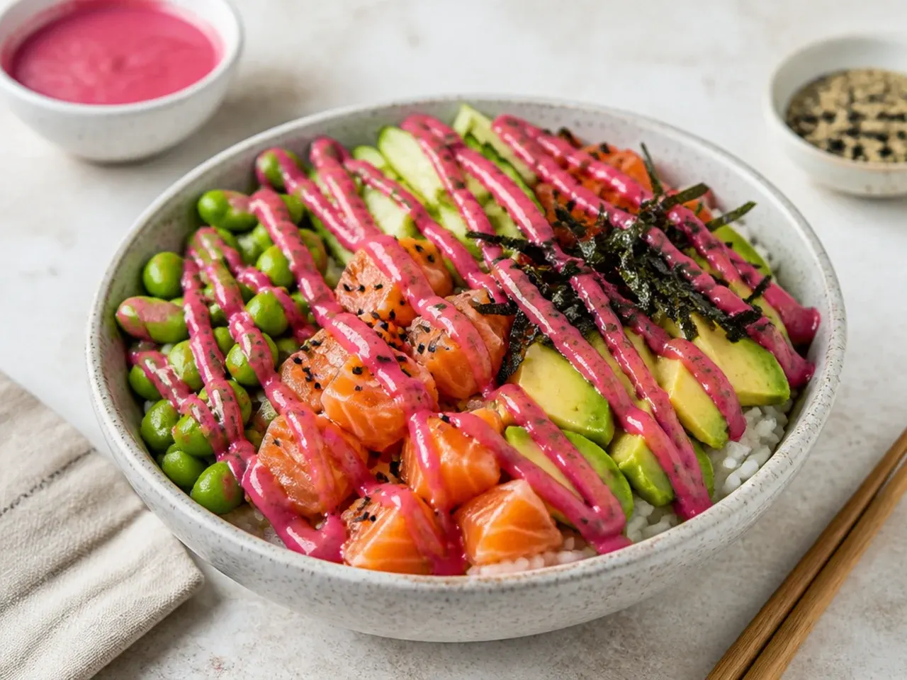 Bright pink beet sriracha mayo drizzled in stripes over salmon sushi bowl