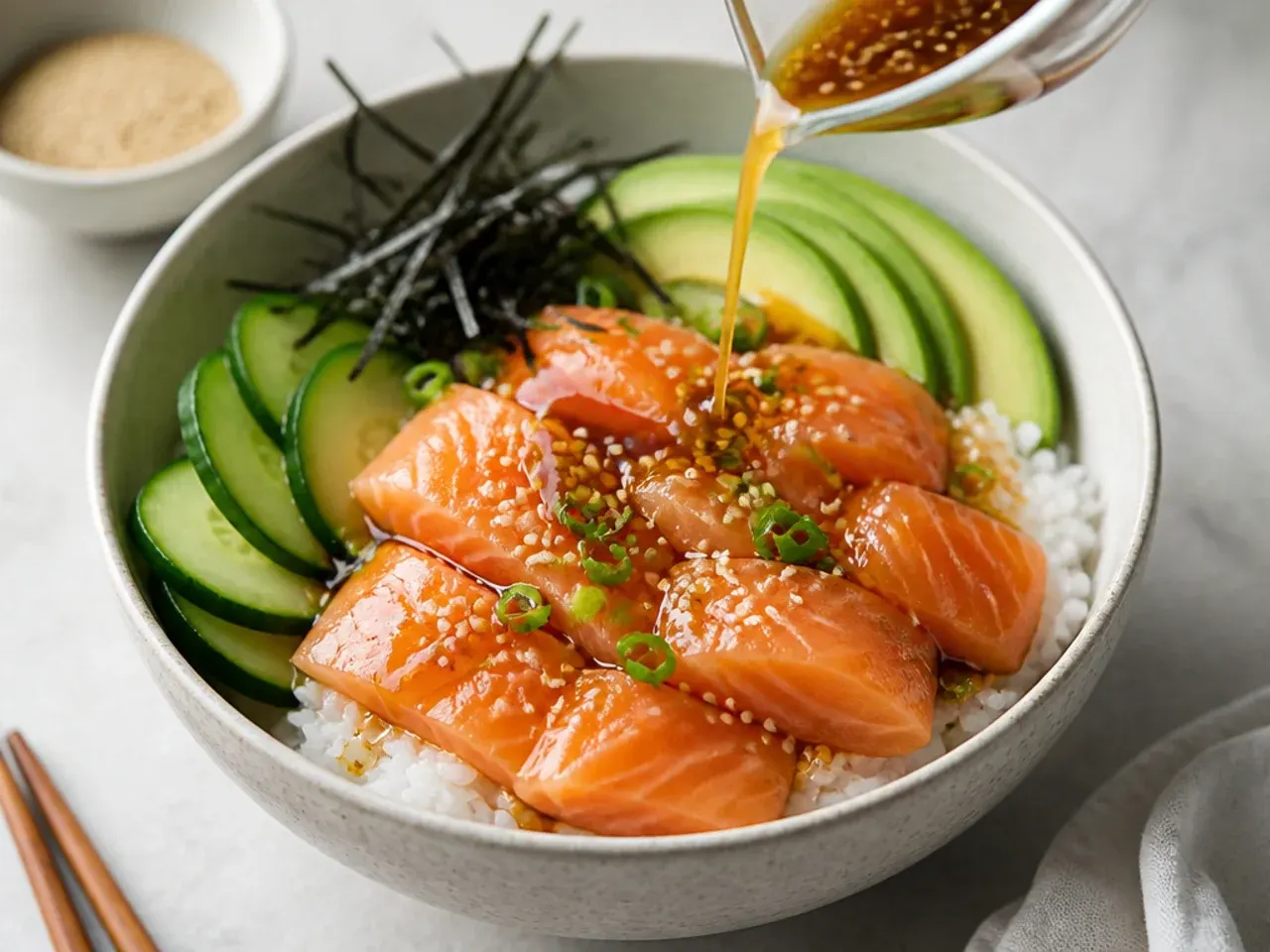 Minimal three ingredient ponzu sesame sauce over a simple salmon sushi bowl