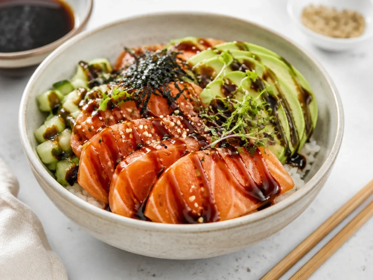Glossy unagi style sweet eel glaze drizzled over festive salmon sushi bowl