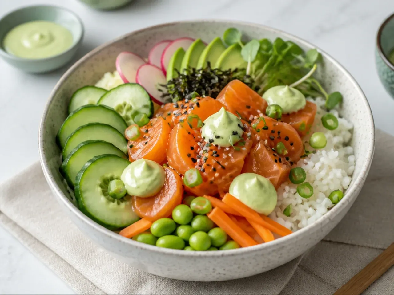 Pale green wasabi cream sauce dolloped around a salmon sushi bowl