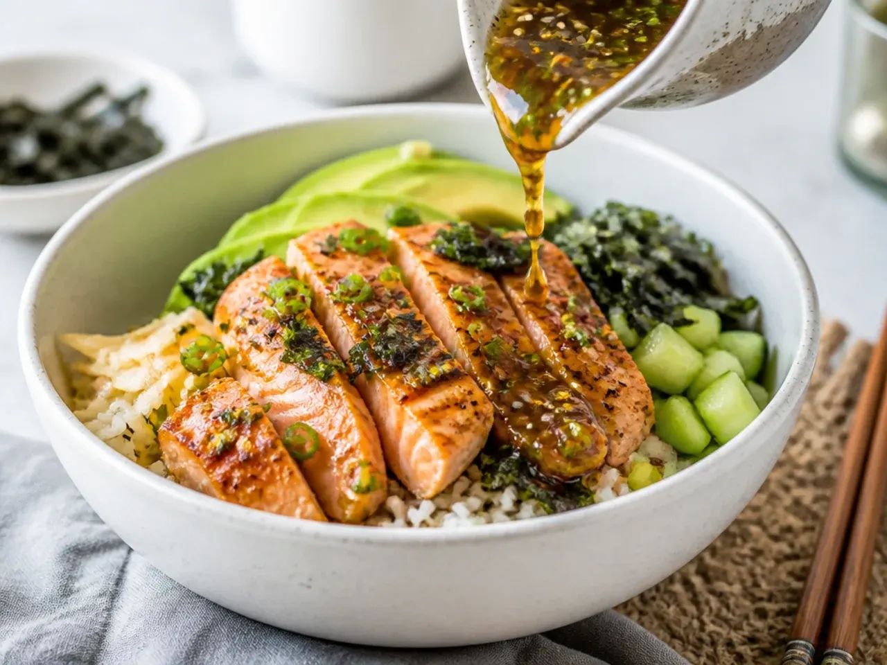 Bold garlic ponzu butter sauce poured over warm seared salmon sushi bowl