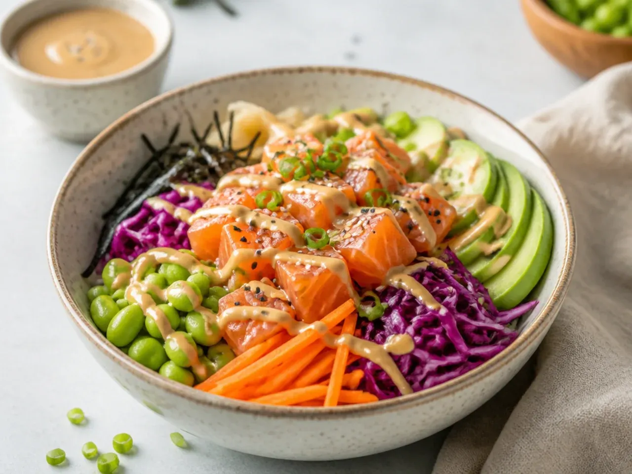 Delicate sesame tahini dressing drizzled over a light salmon sushi bowl