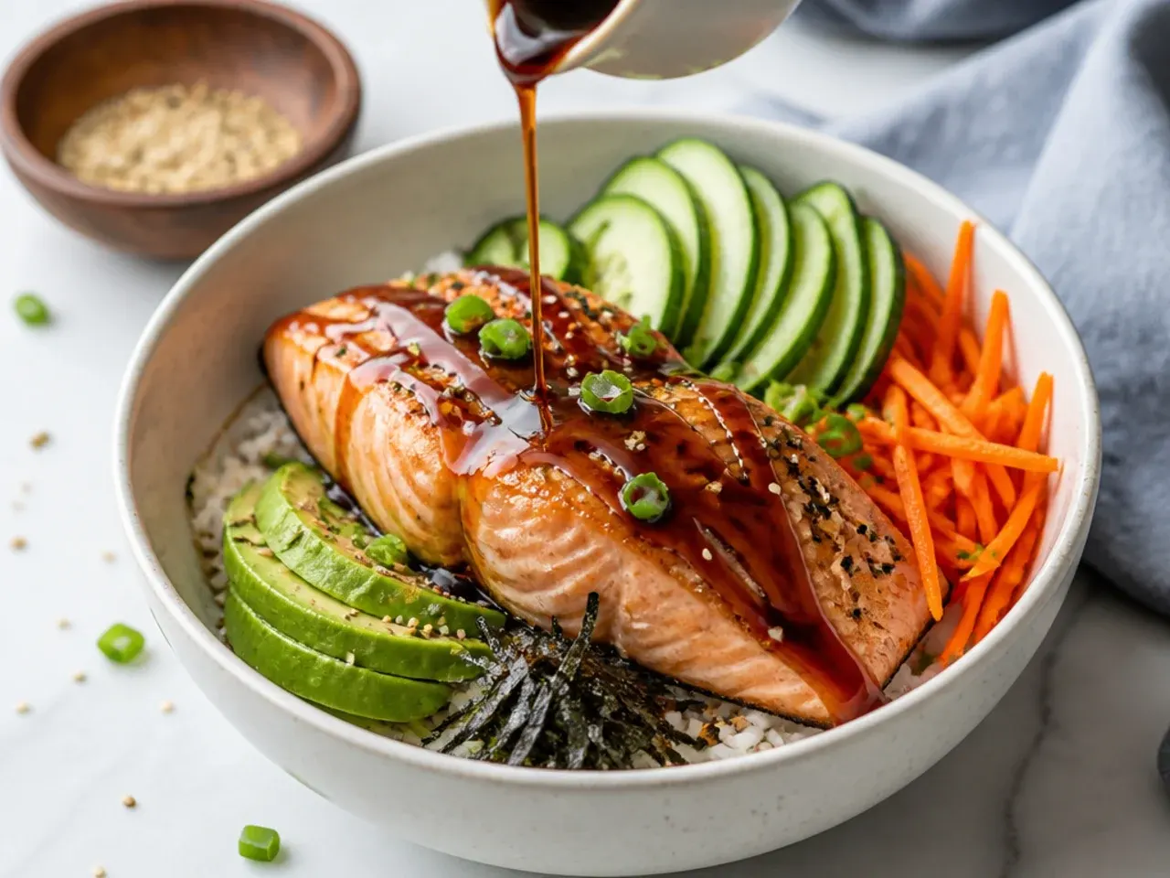 Vintage teriyaki drizzle glazing salmon over rice in a sushi bowl