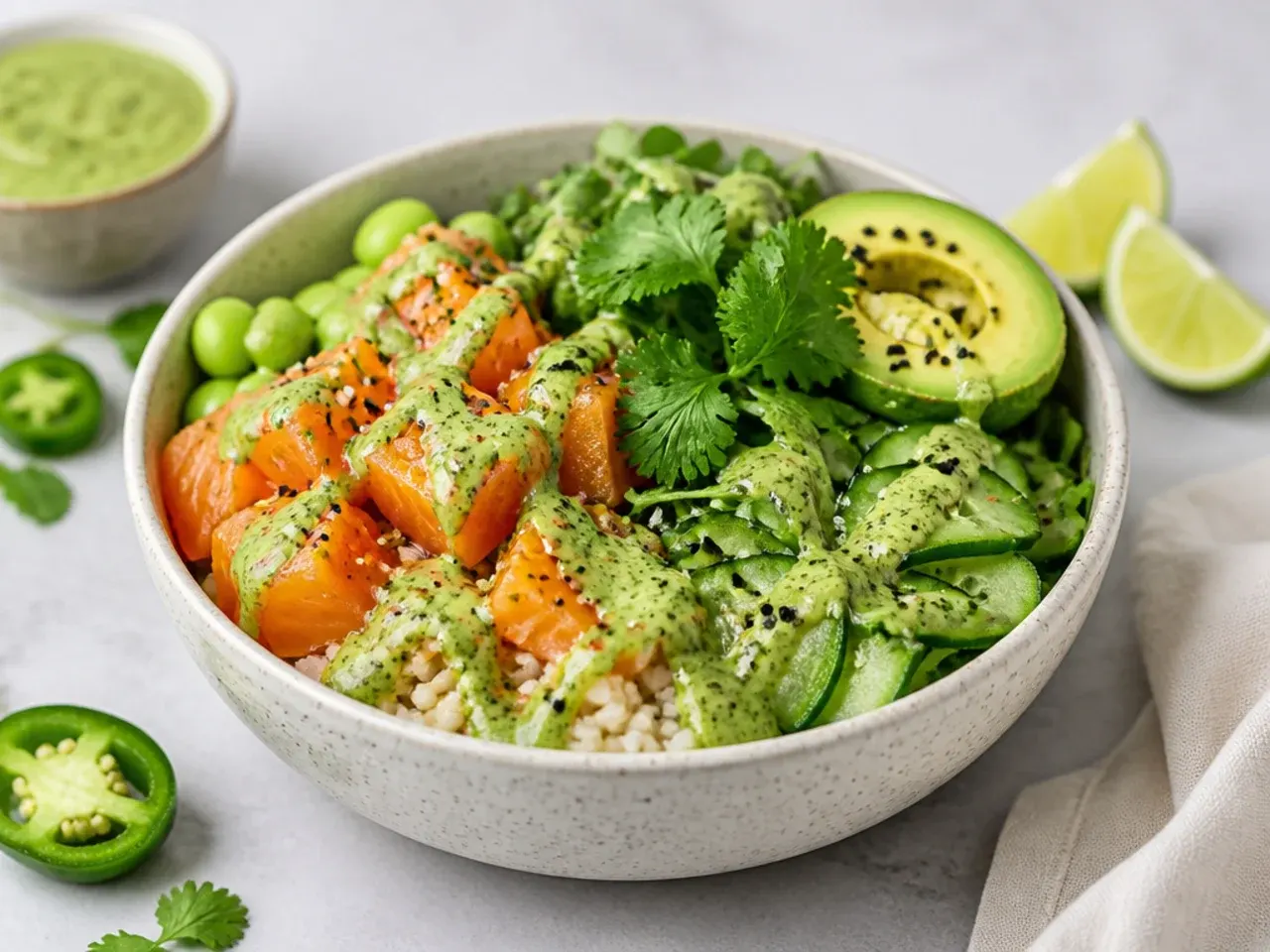 Fresh jalapeno cilantro green sauce blended for a creative salmon sushi bowl