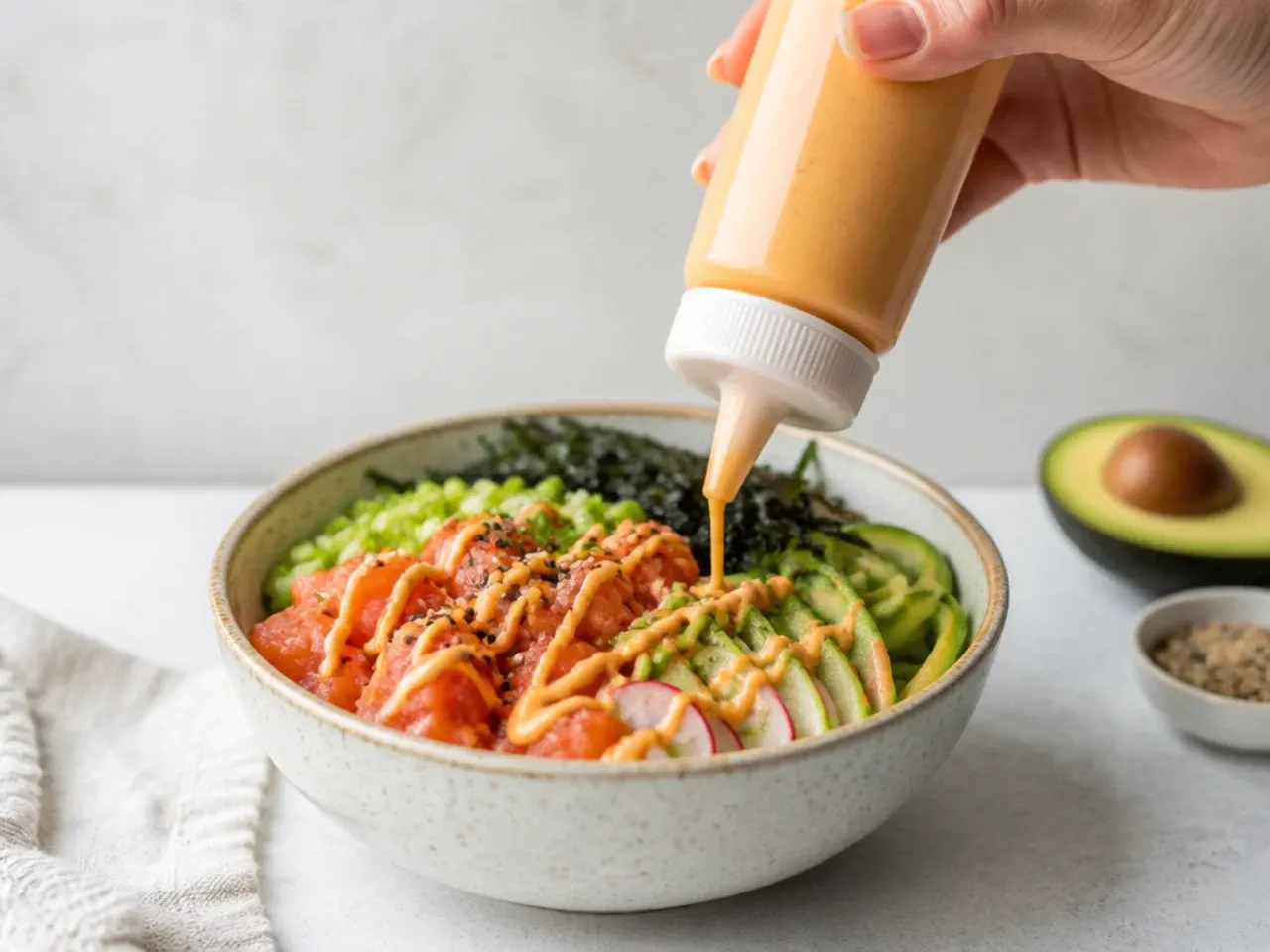 Pro tips for making salmon sushi bowl sauce with a squeeze bottle