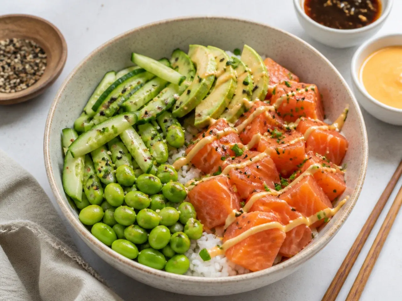 Salmon sushi bowl with two sauces, avocado, cucumber and edamame arranged in sections