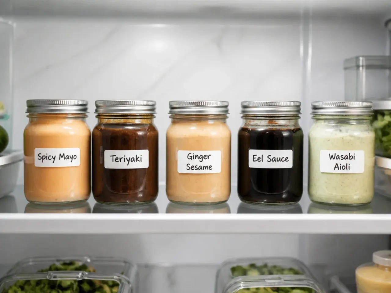 Salmon sushi bowl sauces stored in labeled jars in the fridge for meal prep