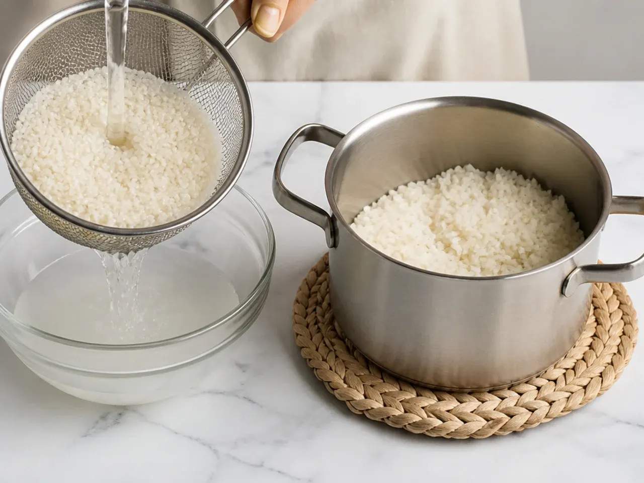 salmon sushi bowl — step 1: rinse and cook the rice