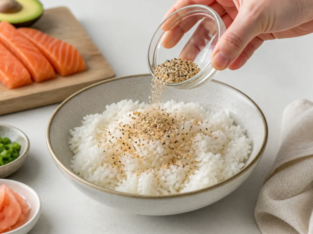 salmon sushi bowl — step 2: season the rice