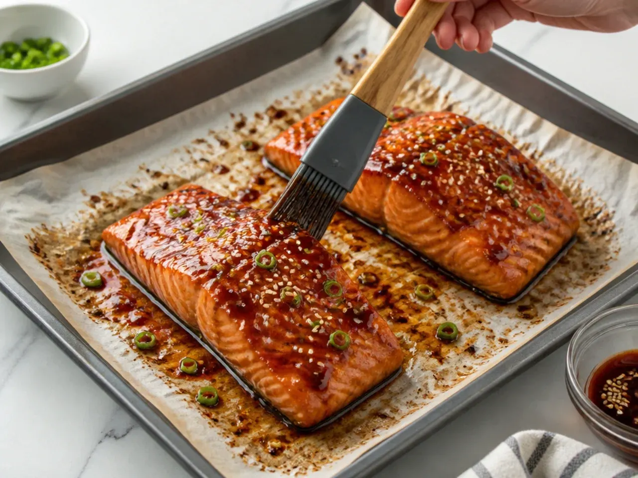 salmon sushi bowl — step 4: glaze and bake the salmon