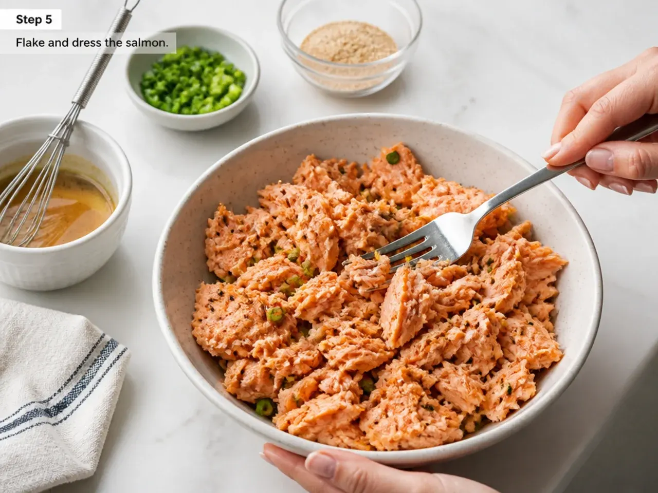 salmon sushi bowl — step 5: flake and dress the salmon