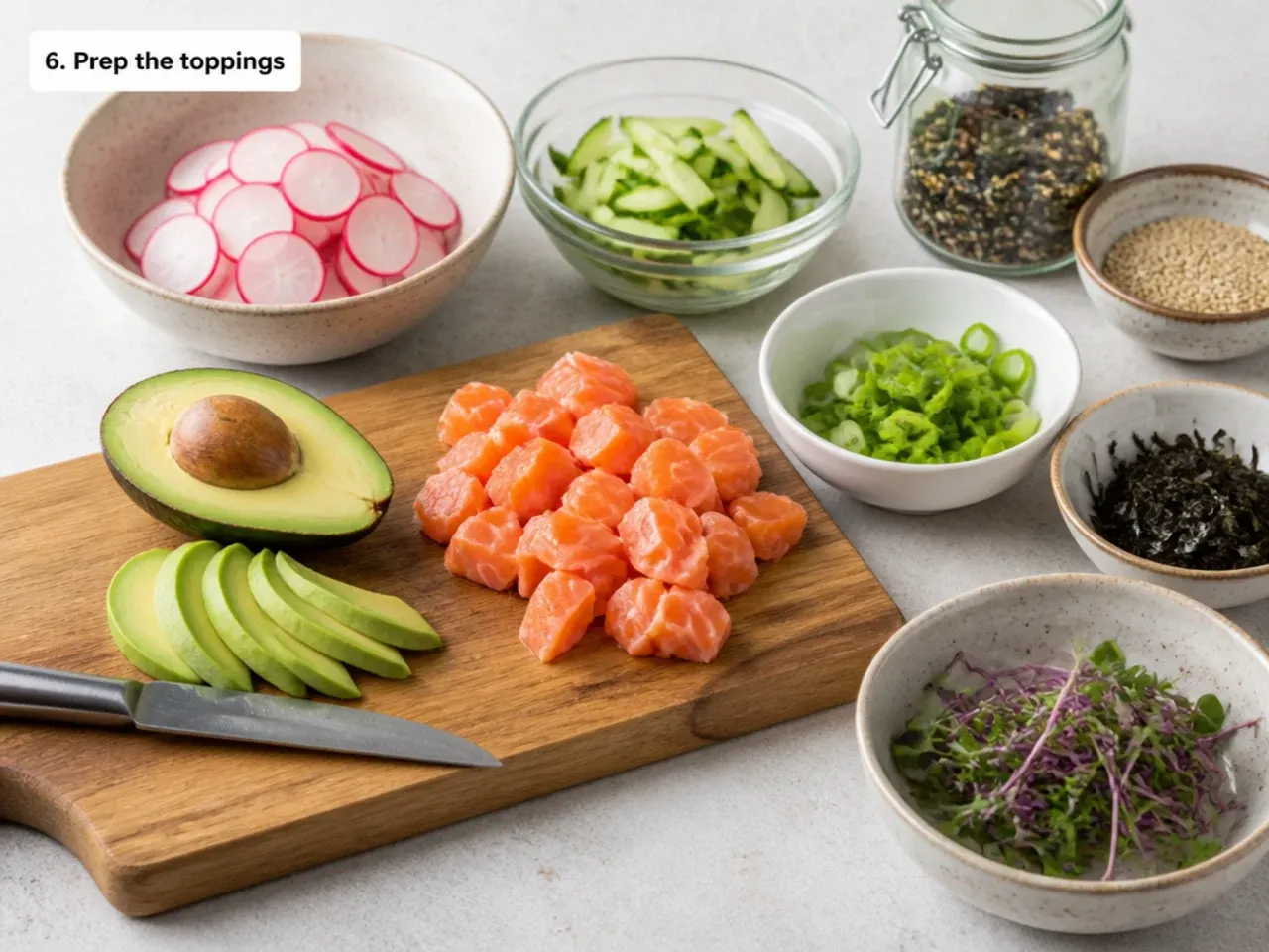 salmon sushi bowl — step 6: prep the toppings