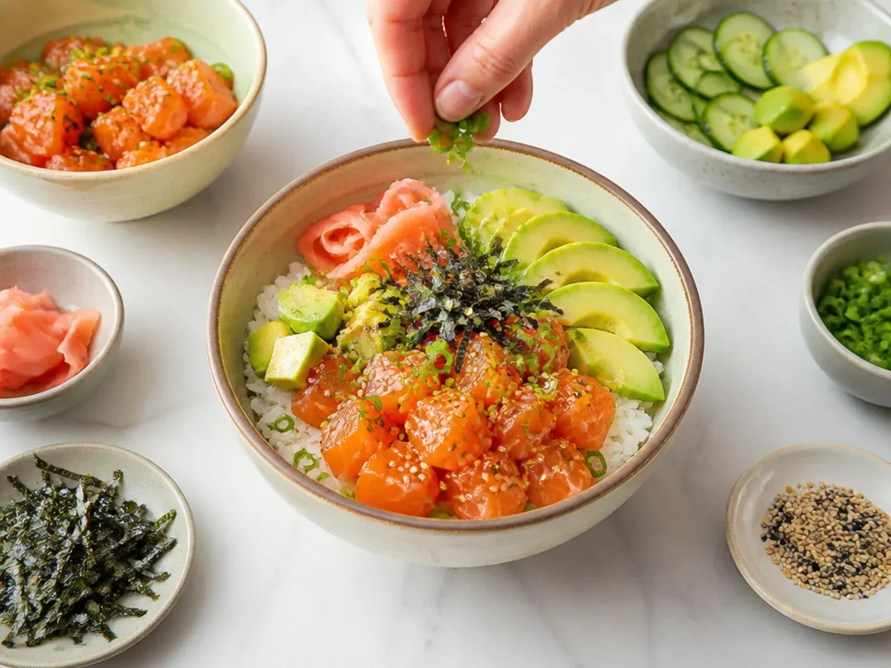 salmon sushi bowl — step 7: assemble the bowls