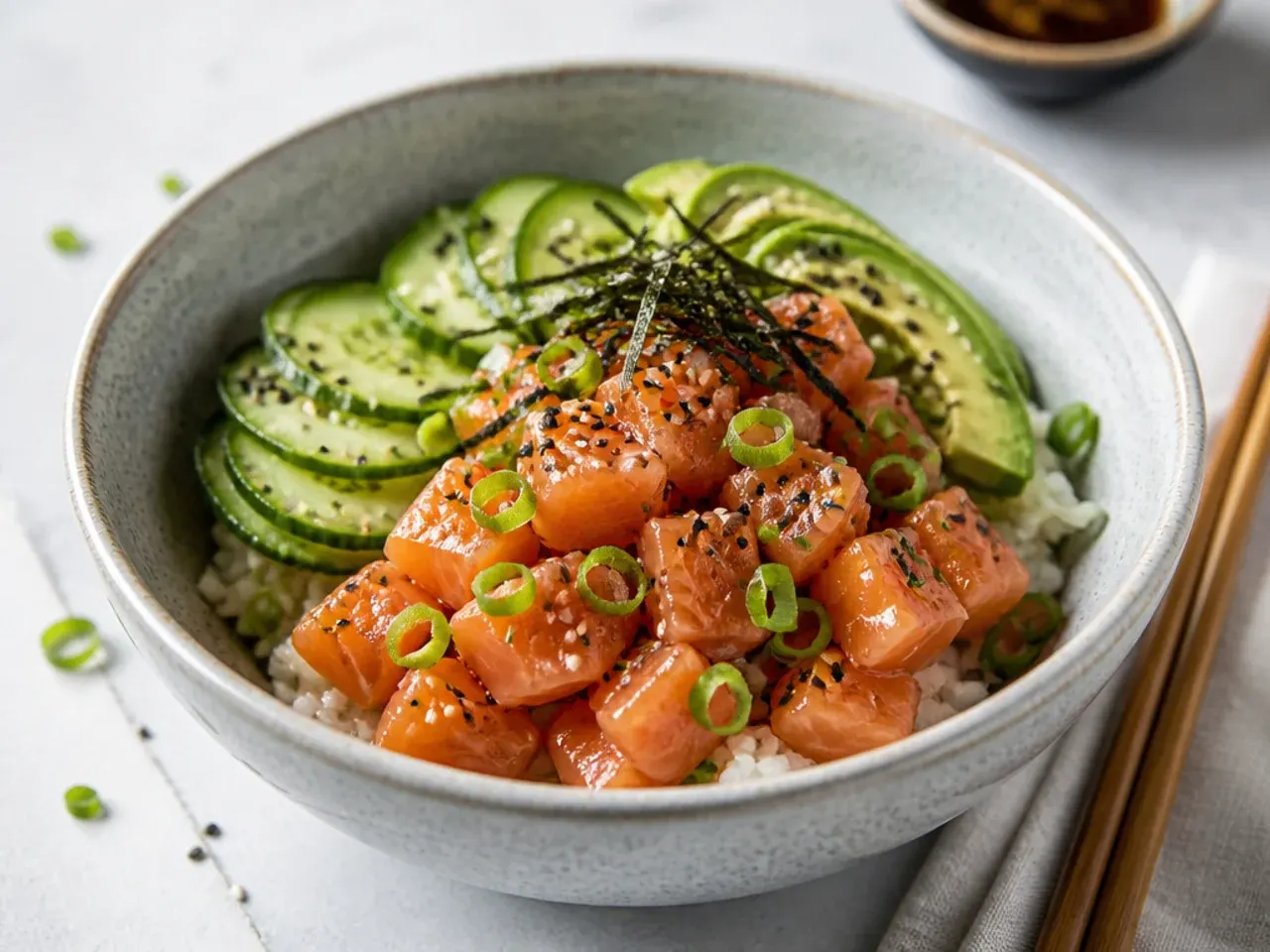 Poke-style raw salmon sushi bowl with soy-marinated salmon cubes, cucumber and sesame seeds
