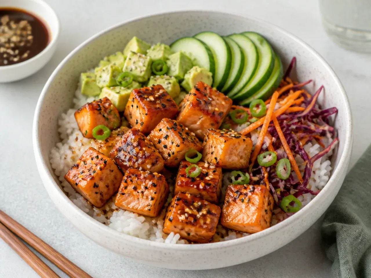 Air fryer salmon bites sushi bowl with caramelised glazed salmon cubes over rice