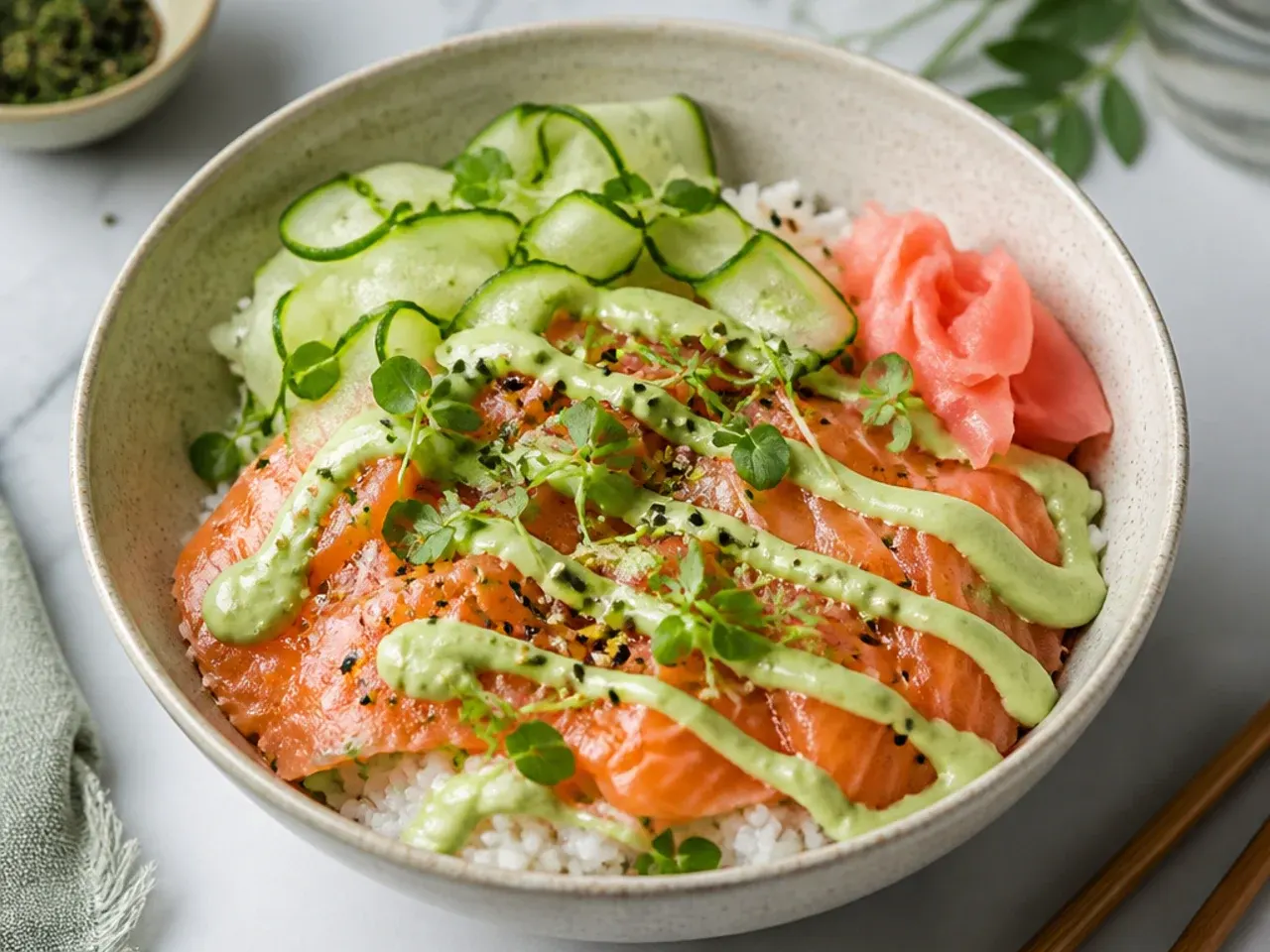 Smoked salmon sushi bowl with wasabi cream, cucumber ribbons and pickled ginger