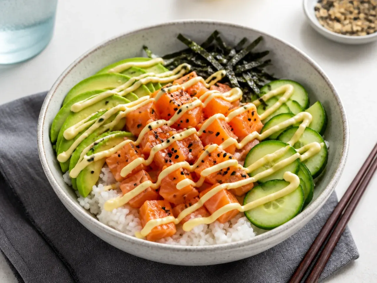 Deconstructed California roll salmon rice bowl with avocado, cucumber and Kewpie mayo