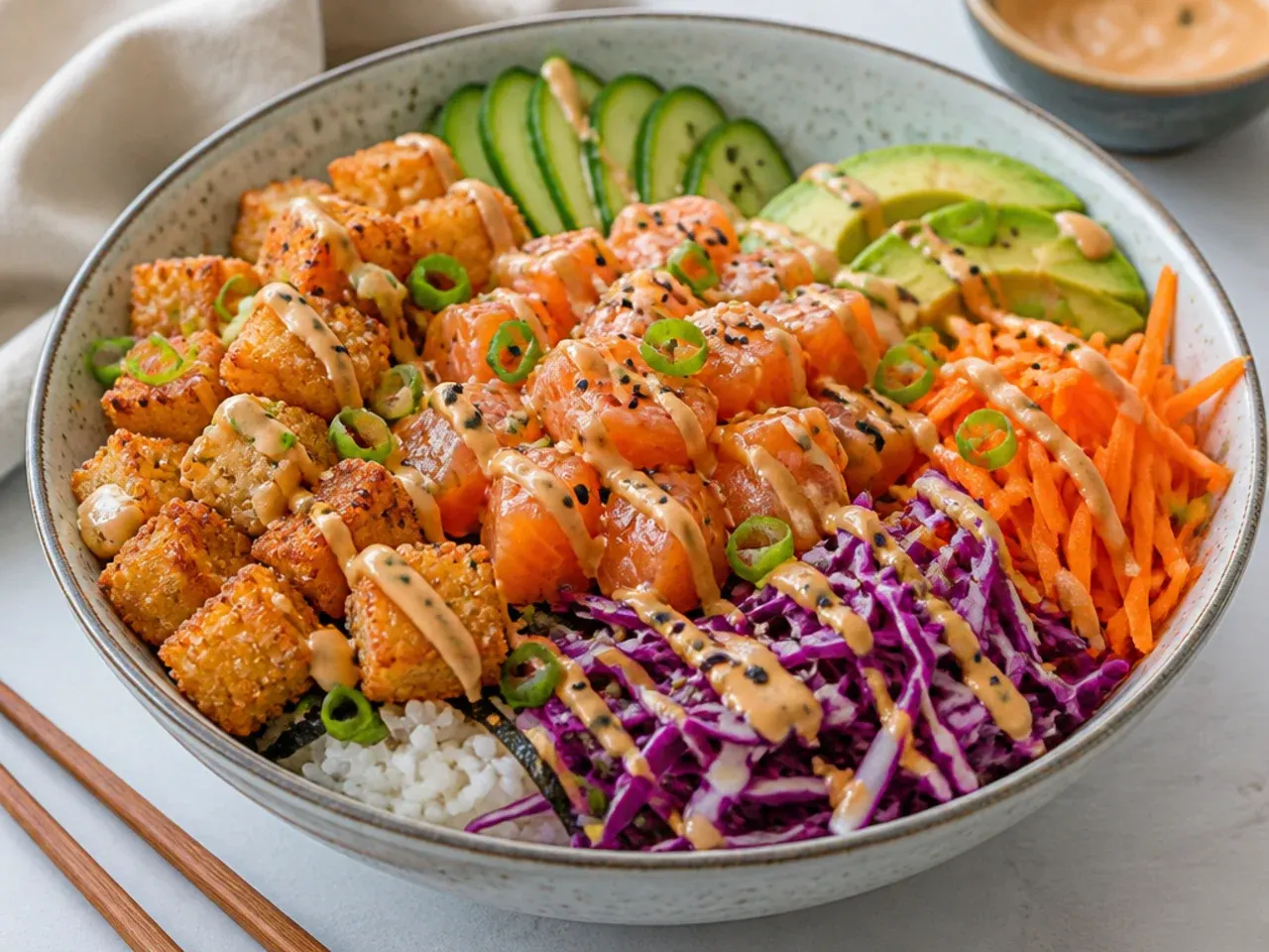Crispy rice spicy salmon bowl with golden fried sushi rice cubes and spicy mayo
