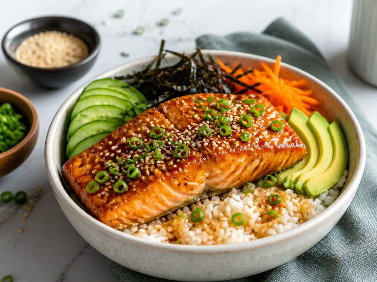 Teriyaki glazed salmon sushi bowl with glossy seared fillet and pan sauce over rice