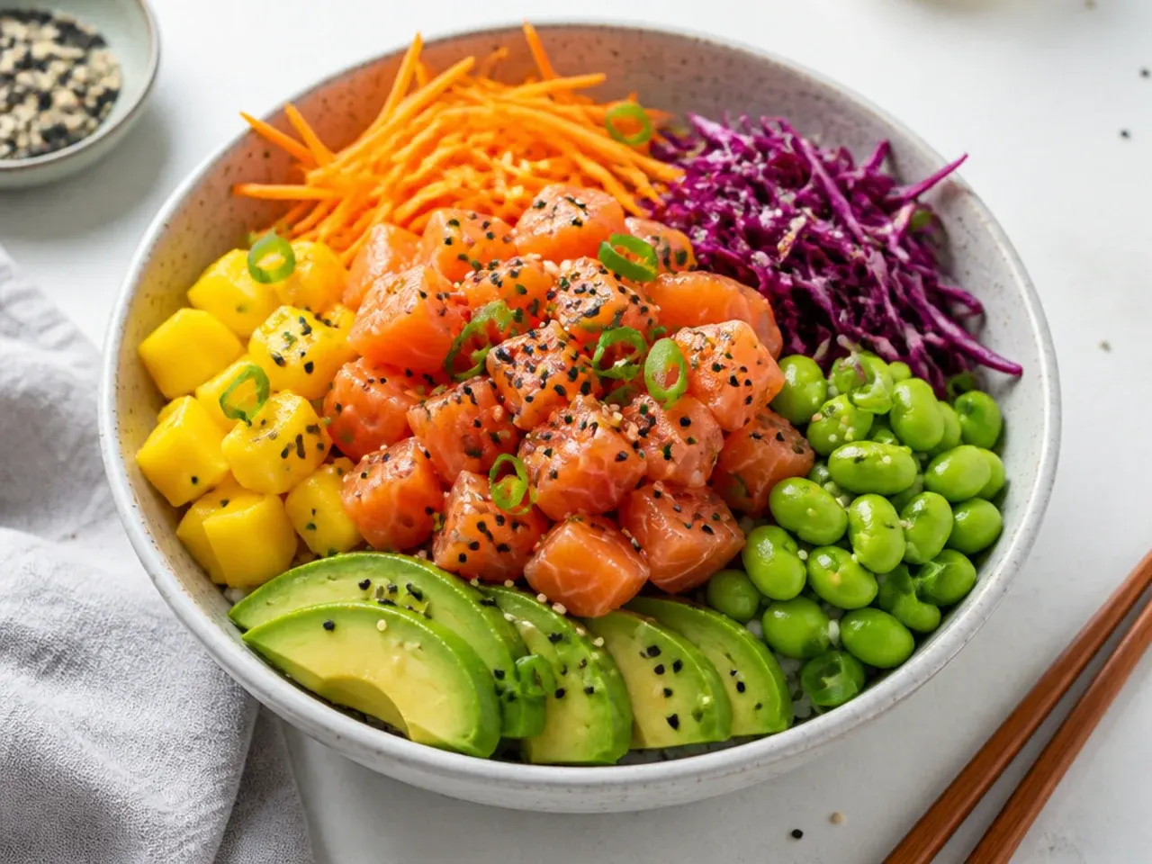 Rainbow salmon sushi bowl with mango, edamame, shredded carrot and red cabbage arranged in wedges