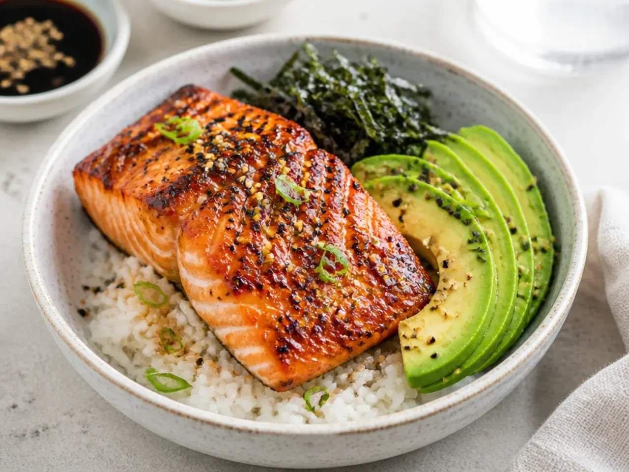 Simple five-ingredient salmon rice bowl with broiled salmon, avocado and soy sauce