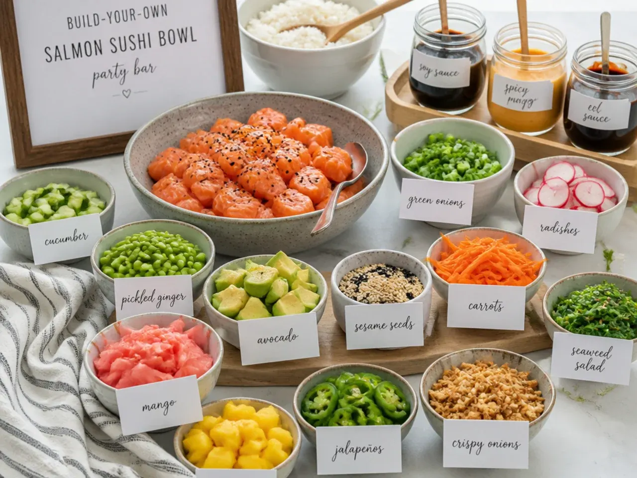 Build-your-own salmon sushi bowl party bar with labelled topping bowls and sauces