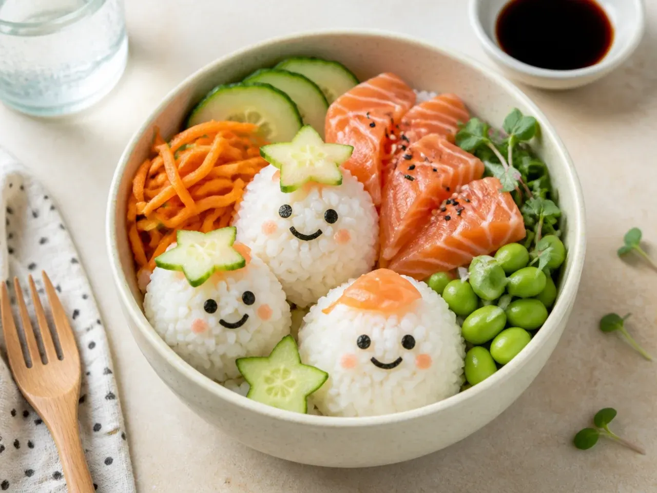 Kids bento-style salmon sushi bowl with rice balls, nori faces and cucumber stars