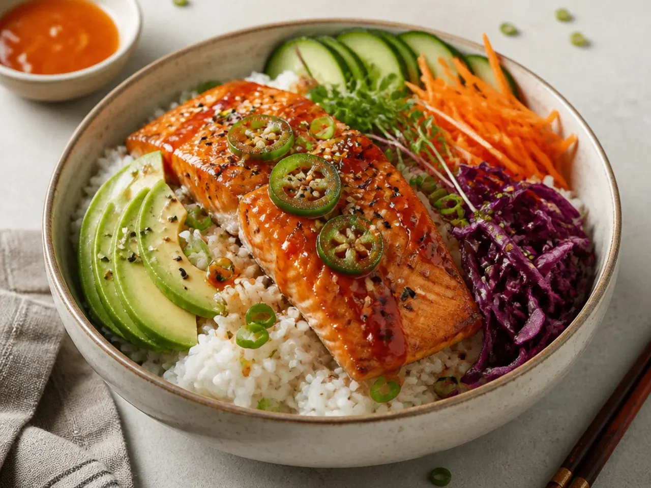 Hot honey sriracha salmon sushi bowl with sticky glazed fillet and jalapeno slices