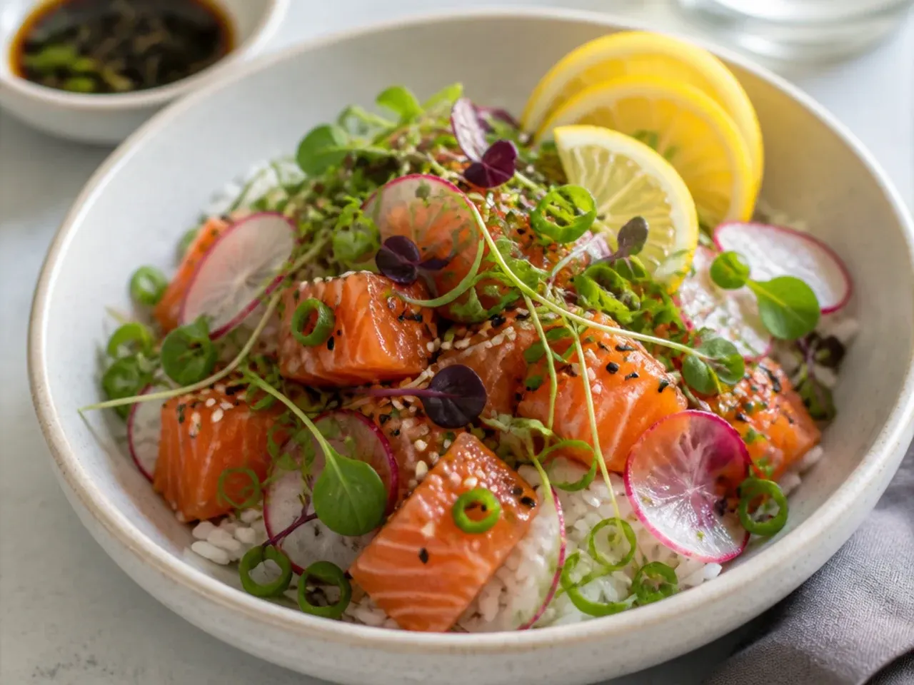 Light citrus ponzu salmon sushi bowl with shaved radish and microgreens