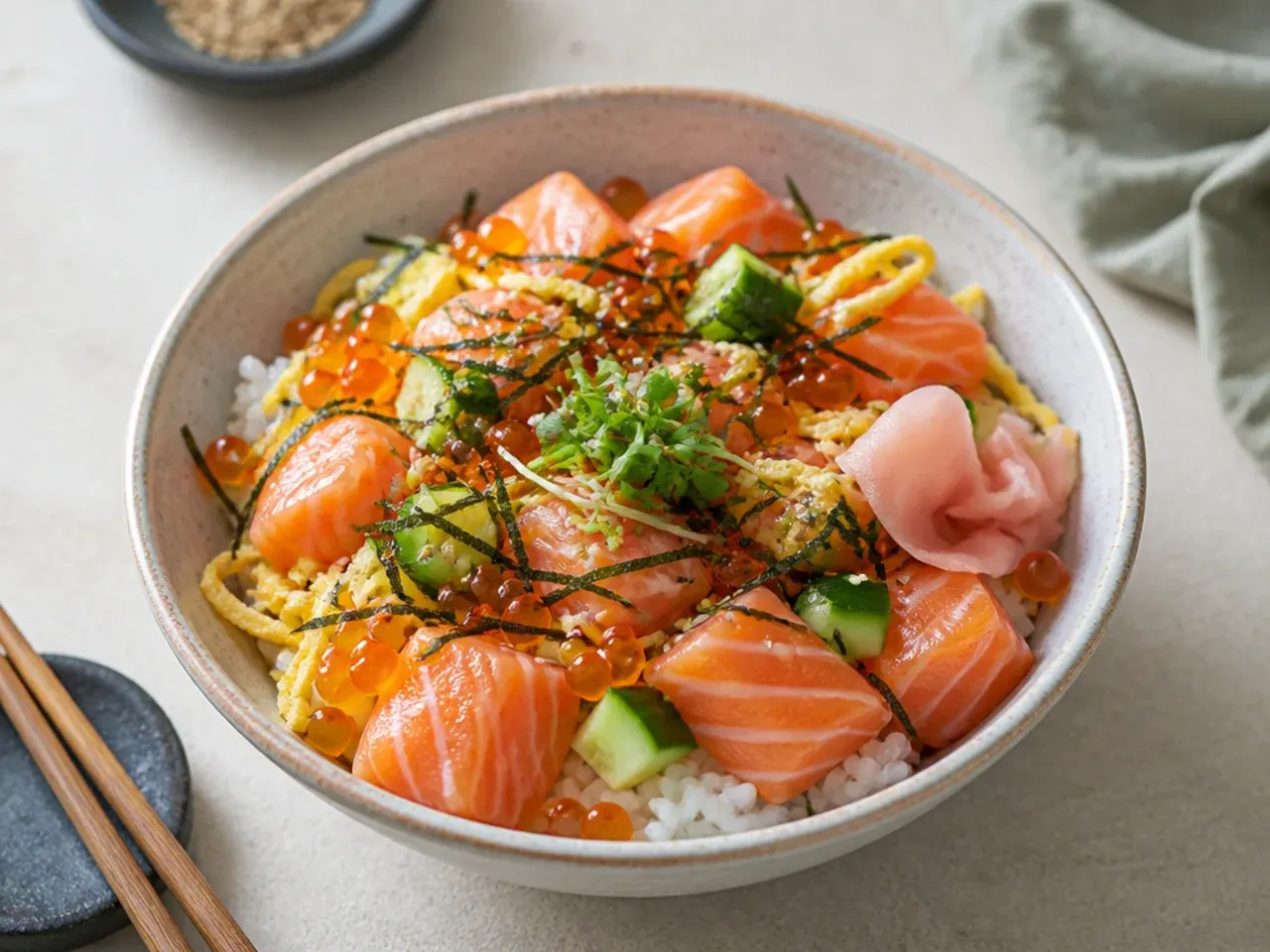 Traditional chirashi-style salmon sushi bowl with shredded egg ribbons and pickled ginger