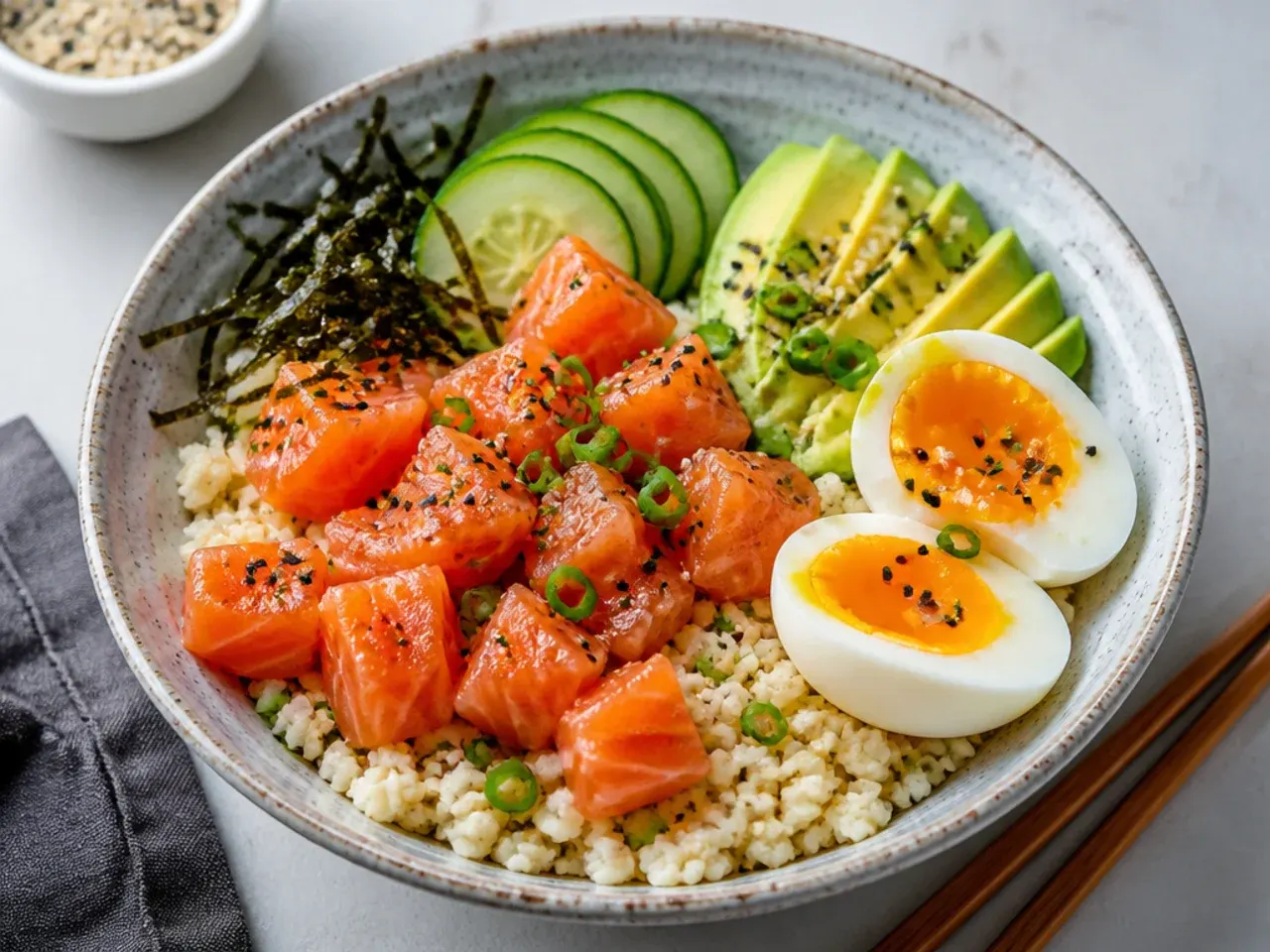 Low-carb cauliflower rice salmon sushi bowl with avocado and soft-boiled egg