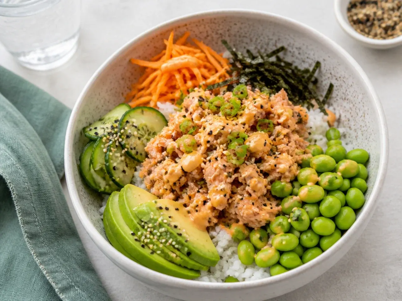 Budget canned salmon sushi bowl with spicy mayo salmon flakes and edamame
