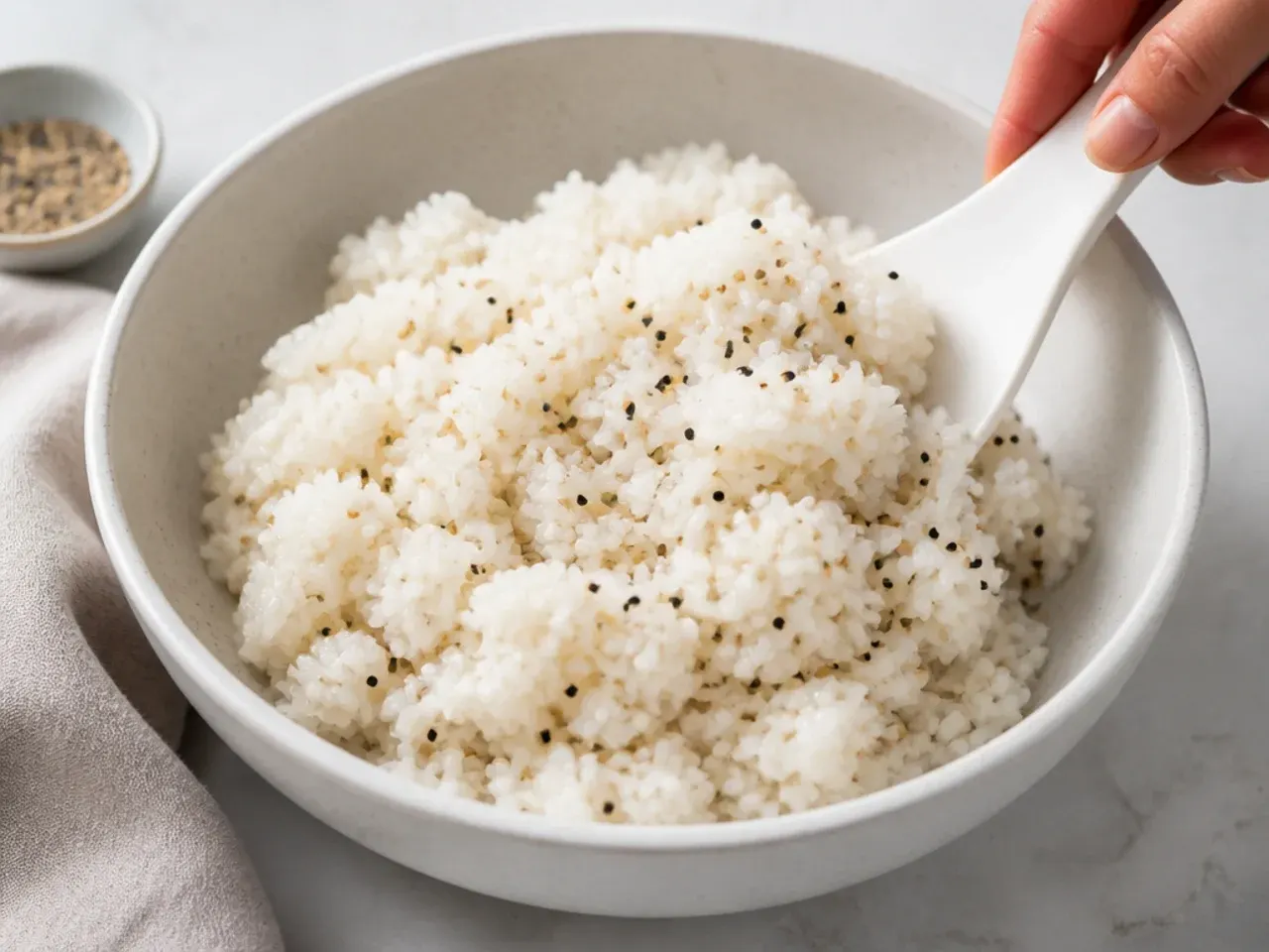 Seasoned sushi rice being folded with a spatula for a salmon sushi bowl