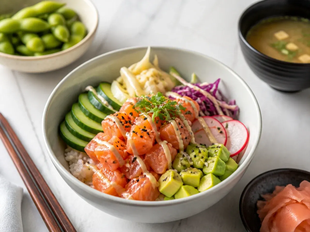 Salmon sushi bowl dinner served with miso soup, edamame and pickled ginger