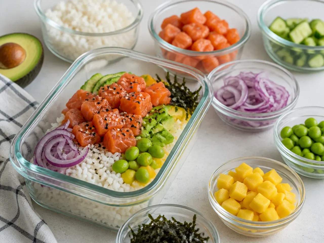 Salmon sushi bowl meal prep containers with rice, salmon and toppings stored separately