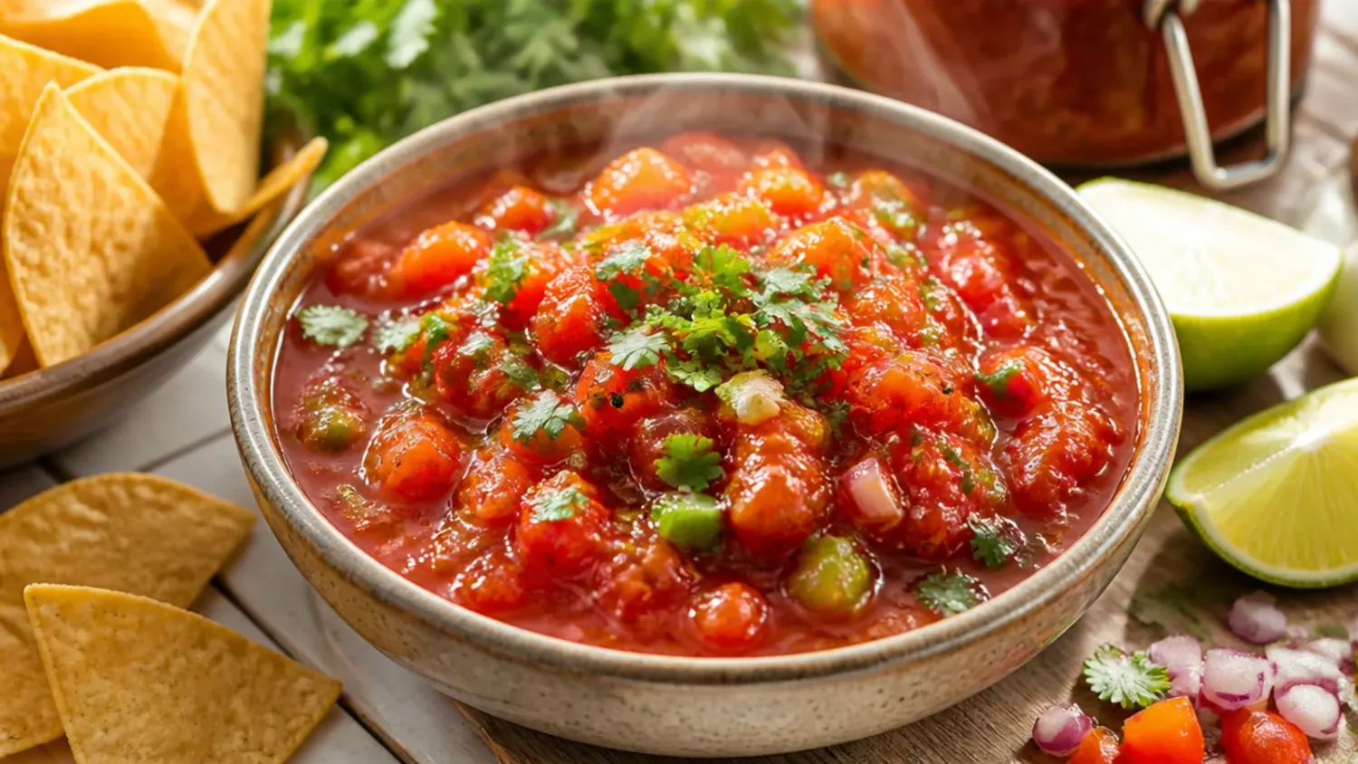 Overhead shot of a pot of simmering red tomato salsa next to filled glass canning jars with metal lids