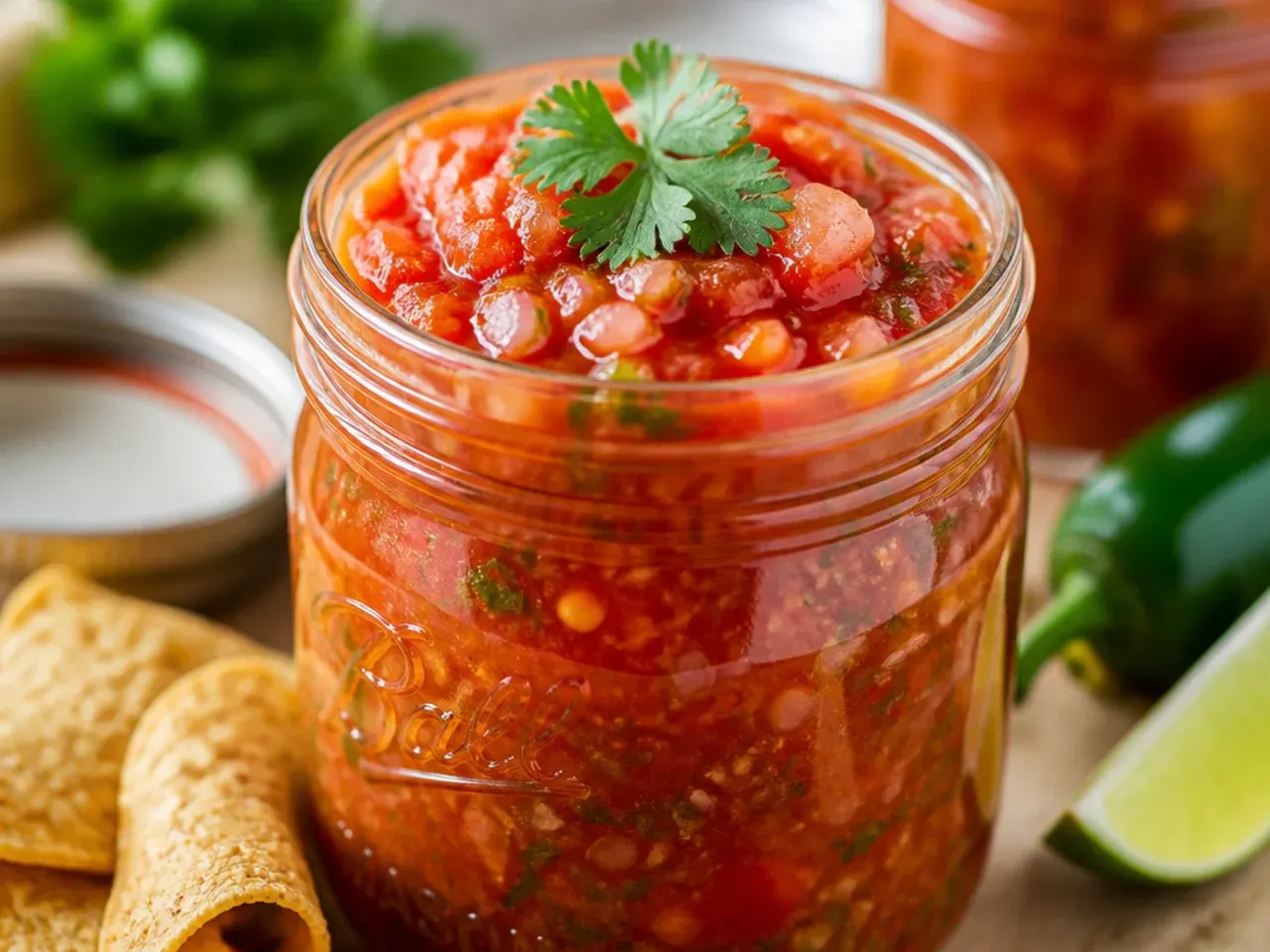 Rows of filled and sealed salsa canning jars cooling on a kitchen towel