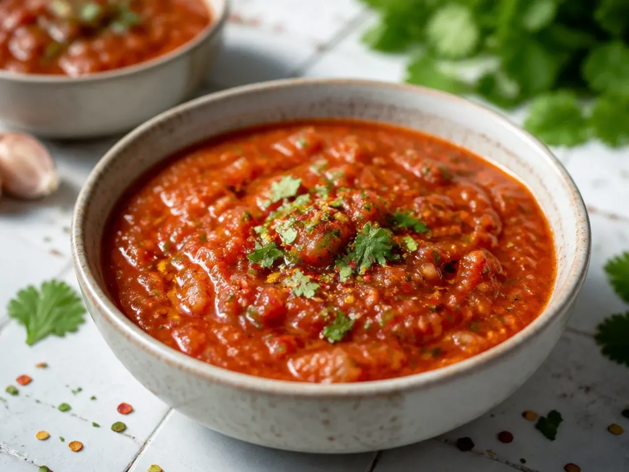 Food processor bowl filled with roughly pulsed tomatoes, onion, and pepper
