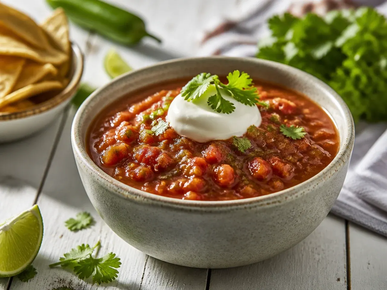 A small dish of salt beside a jar of homemade salsa