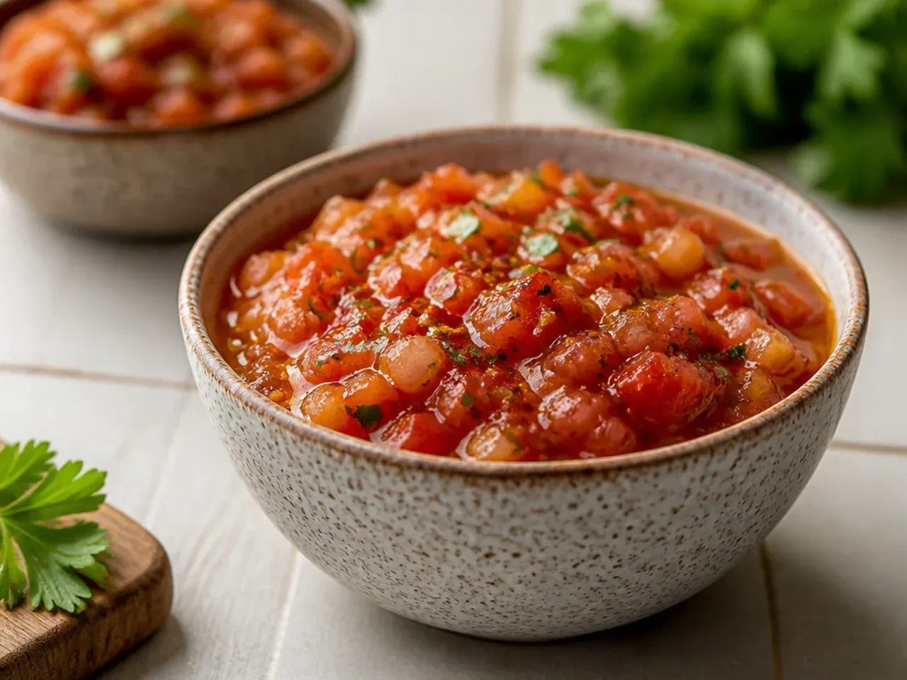 Hand-chopped chunky salsa with visible large pieces of tomato and pepper