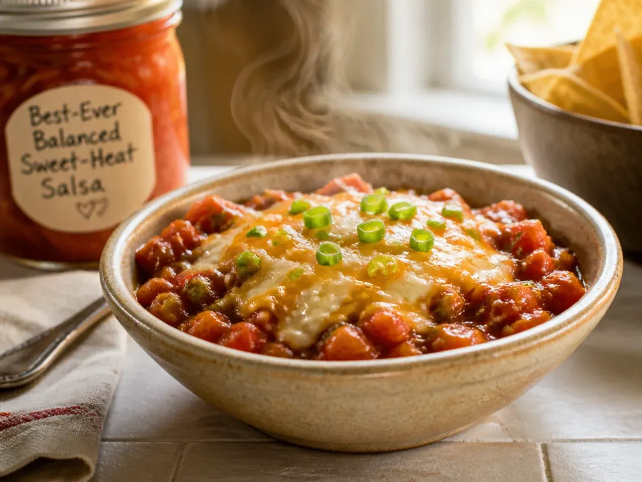 A spoonful of glossy sweet-heat salsa being lifted from the pot